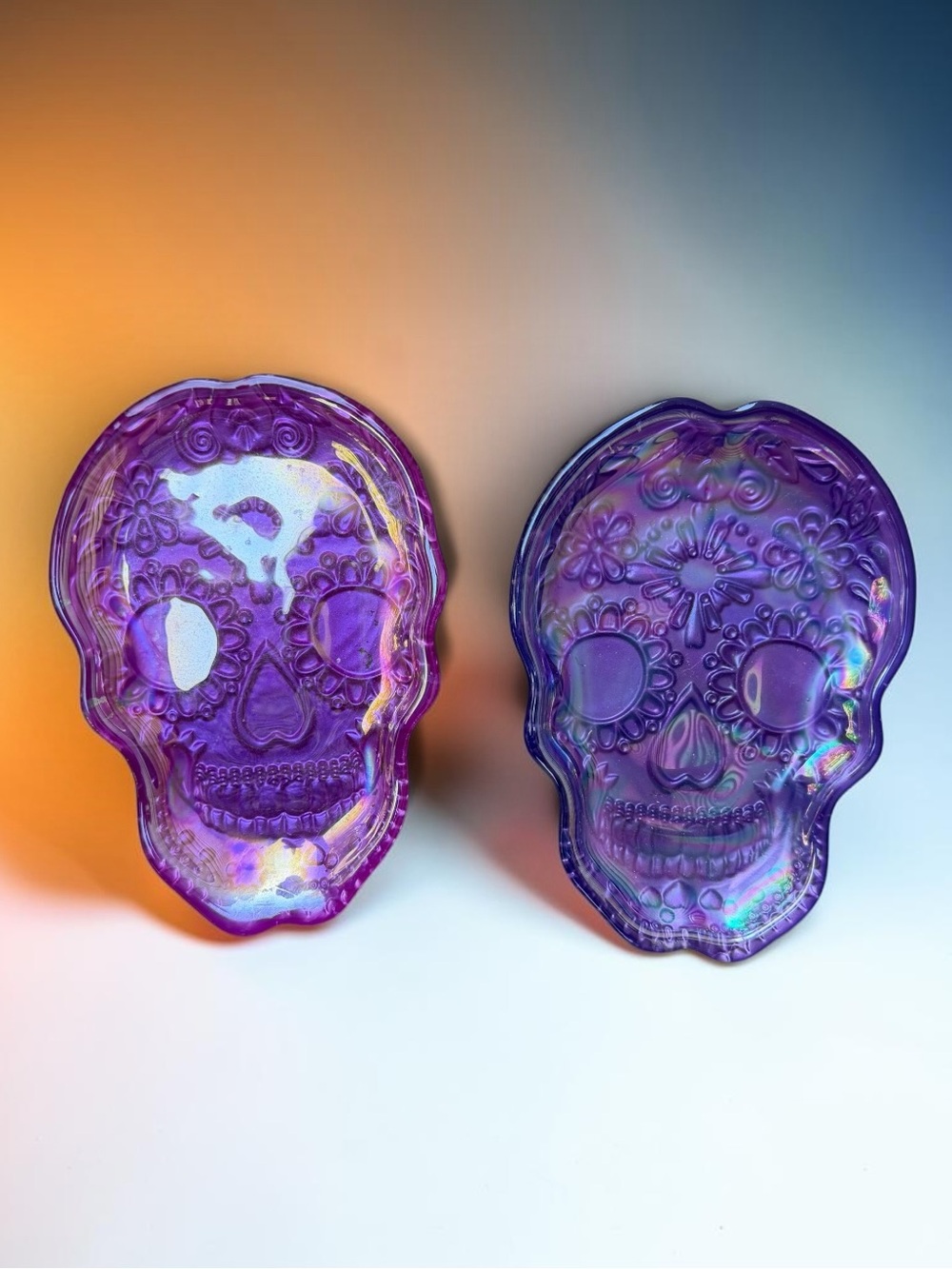 Set of 2 Glass Jewelry Tray Plate Sugar Skull ☠️ Pink and purple